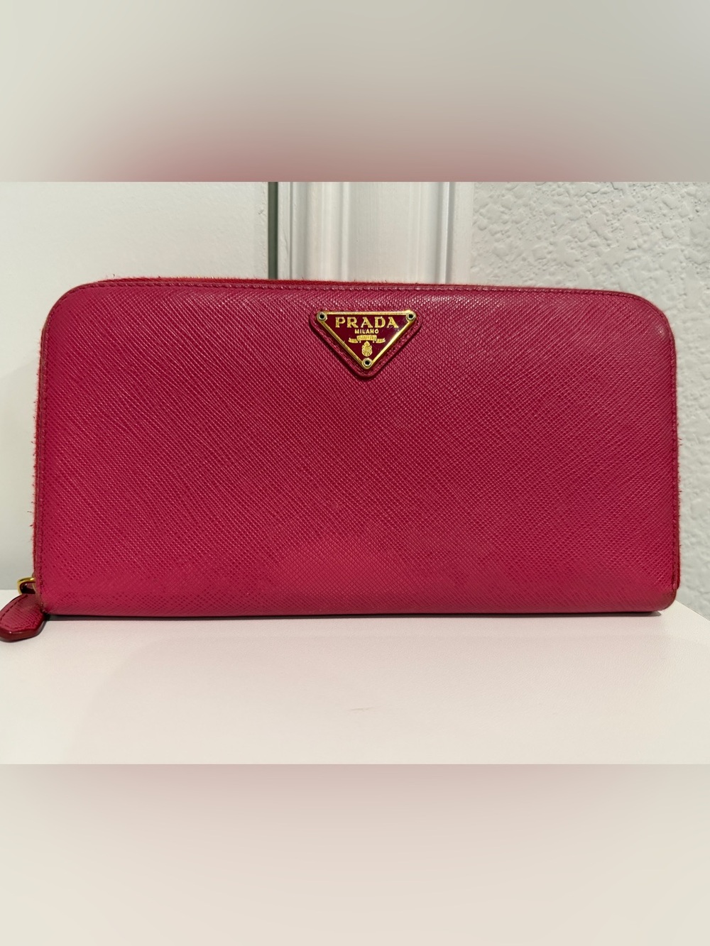 Prada Pink Saffiano Zip-Around Wallet with Gold Logo